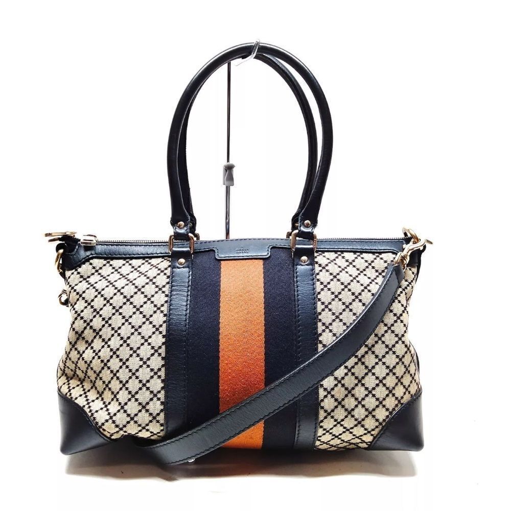 Auth Gucci Black Beige Diamanté Canvas Leather Trim Web 2way Joy Tote Bag